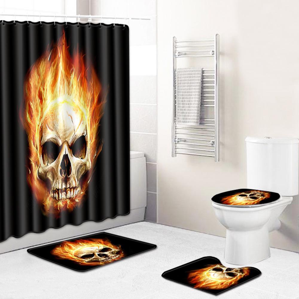 Thriller Skull Shower Curtain Floor Mat Combination Four-Piece Set Bathroom Toilet Carpet Mat Foot Mat