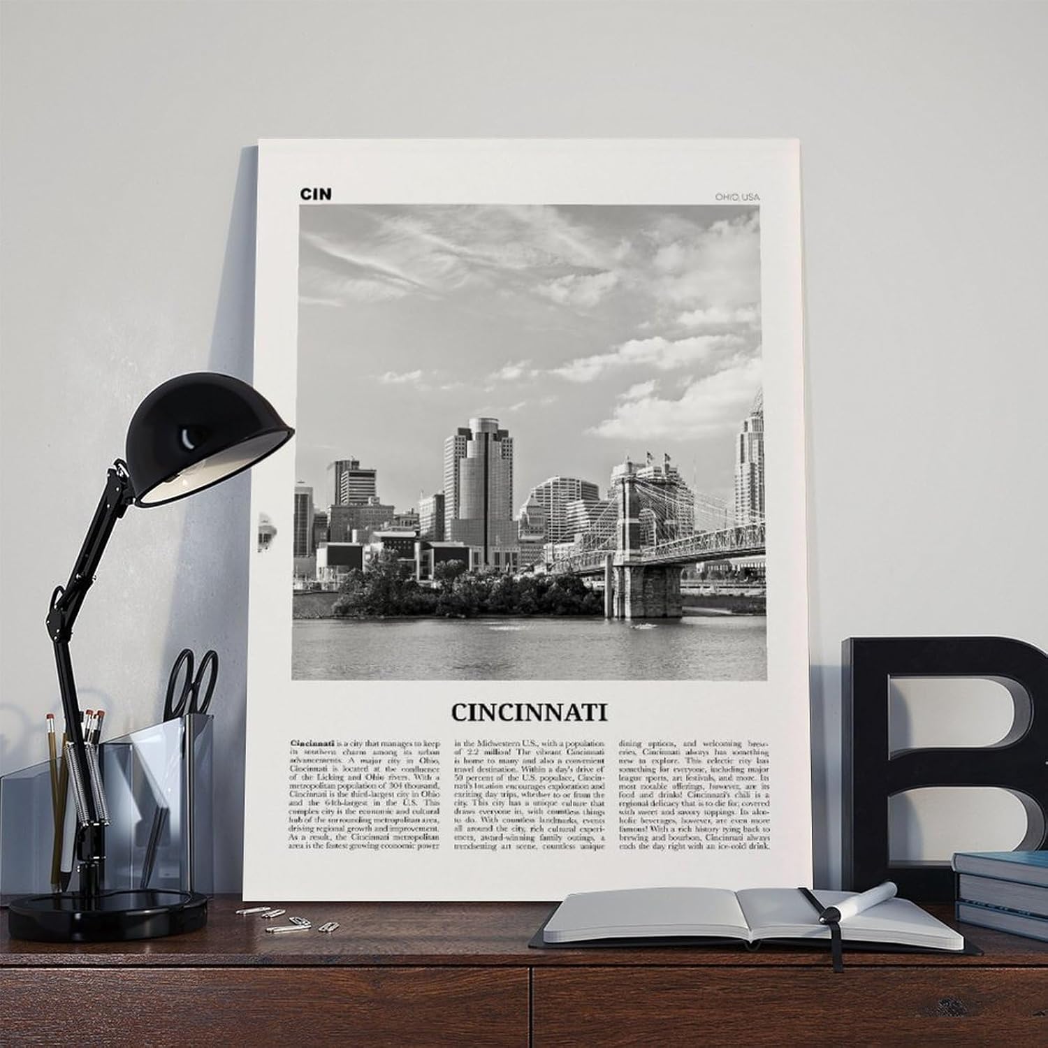 XIANF Cincinnati Print Black And White Skyline, Cincinnati Wall Art, Cincinnati Poster, Cincinnati Photo, Ohio, USA Canvas Poster Wall Art for Living
