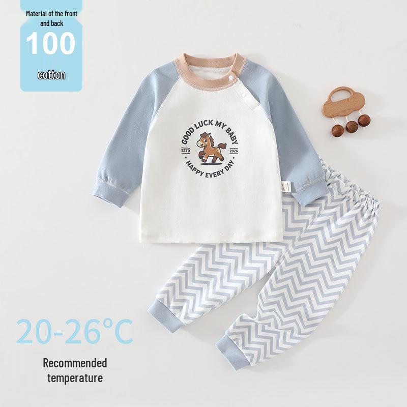 Children's High Waist Cotton Long Johns & Tops Set - Infant Tummy Protection, Class A, for Spring & Autumn