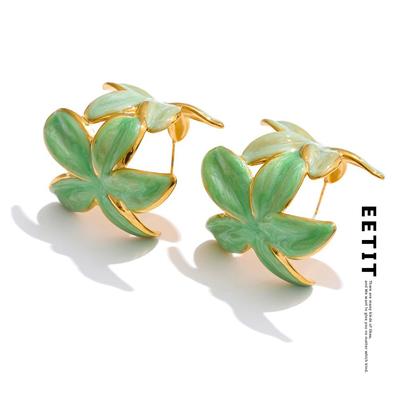 Green Pink Enamel Golden Flower Huggie Earrings for Women Exquisite Stainless Steel Daily Versatile Fashion Jewelry Gift