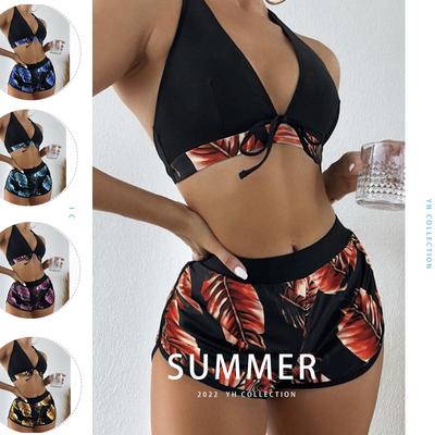 Rückenfreies Bikini-Set mit gepolsterter Brust für Damen, bedruckte Boxershorts, sexy Surf-Badeanzug ohne Stahlring, dreiteiliges Set