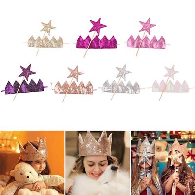 Sparkling Crown Headwear & Star Wand Set for Baby Shower & Birthday Party Infant Girl Fairy Stick for Stage Performances