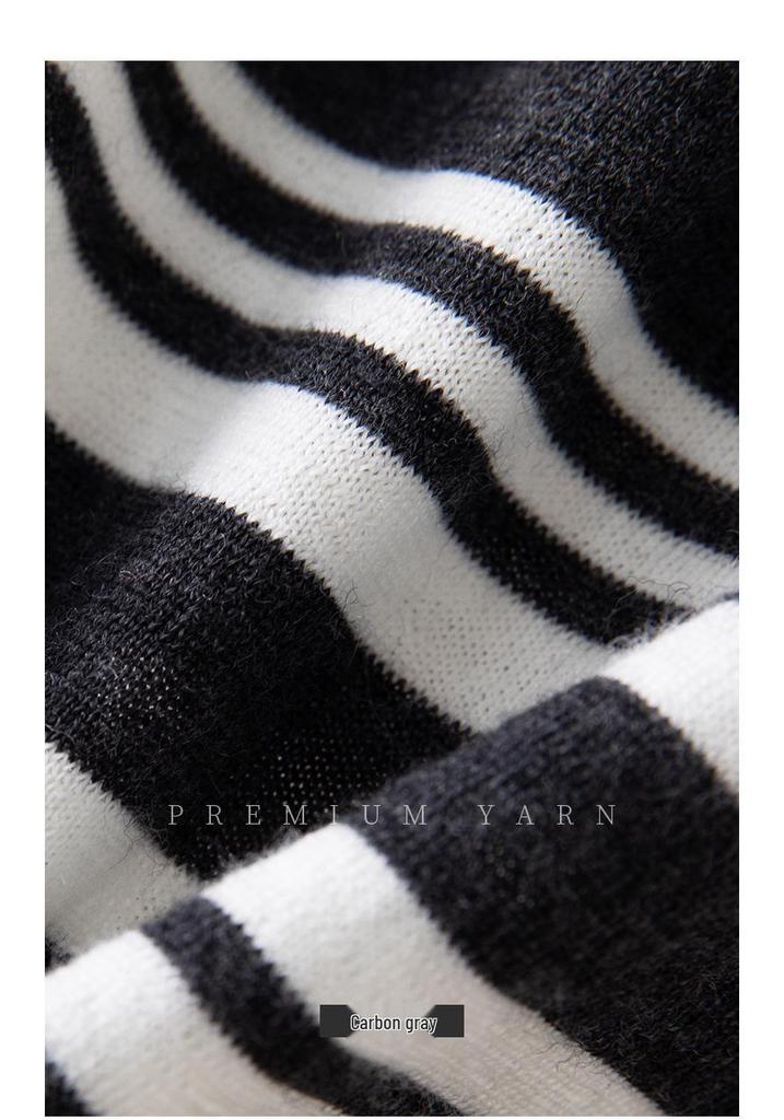 Women's 100% Wool Yangzi Knit Polo Collar Striped Retro Long Sleeve Sweater