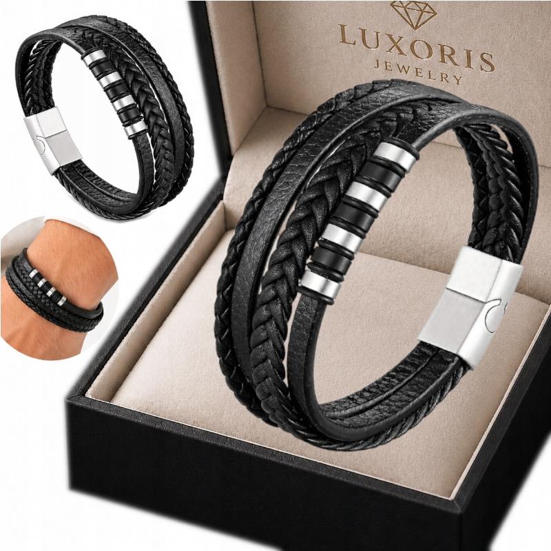 THICK Men' Leather Bracelet Braided Beads Titanium Bracelet