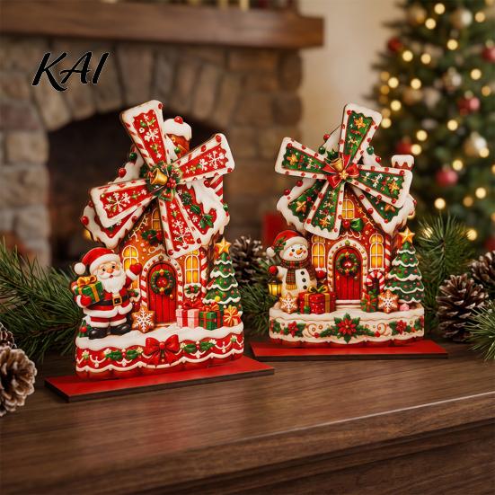 Holiday Seasonal Room Decor Christmas Windmill Wooden Ornament, Decorative Craft with Rotating Ornament Blades, Handmade Figurine for Home Tabletop