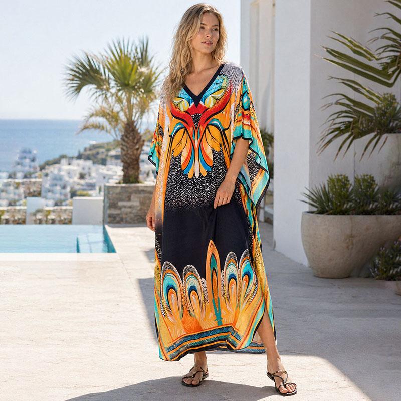 Kaftan Strandkleid Rayon Damen Boho Bunt Bedruckt Plus Size Maxi Sommer Badeanzug Cover Up