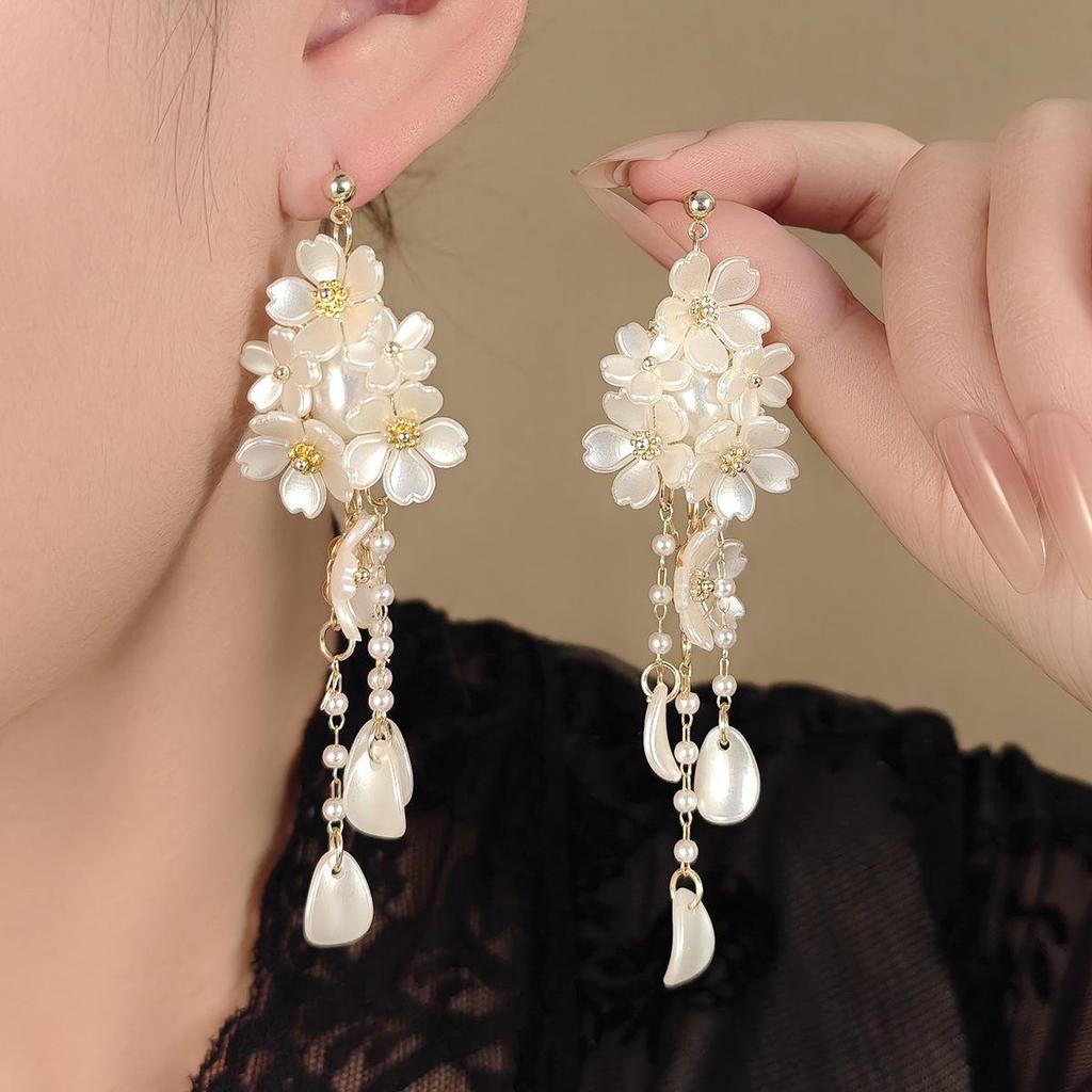 French Luxe Long Tassel Floral Stud Earrings - Unique Seaside Vacation Design
