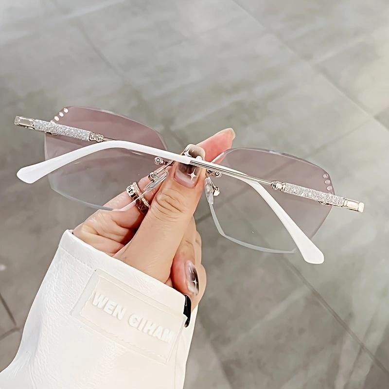 Elegant Rimless Hexagonal Reading Glasses, Blue Light Blocking, Polycarbonate Lens, Rhinestone Embellished, with Metal Hinge