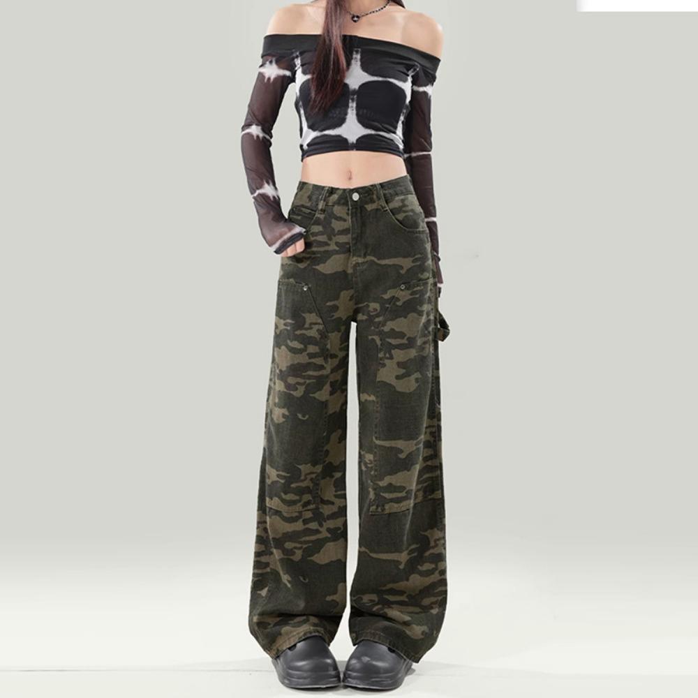 

American niche tooling camouflage jeans women s spring and autumn new high street loose meat-covering wide-leg jeans 2XL