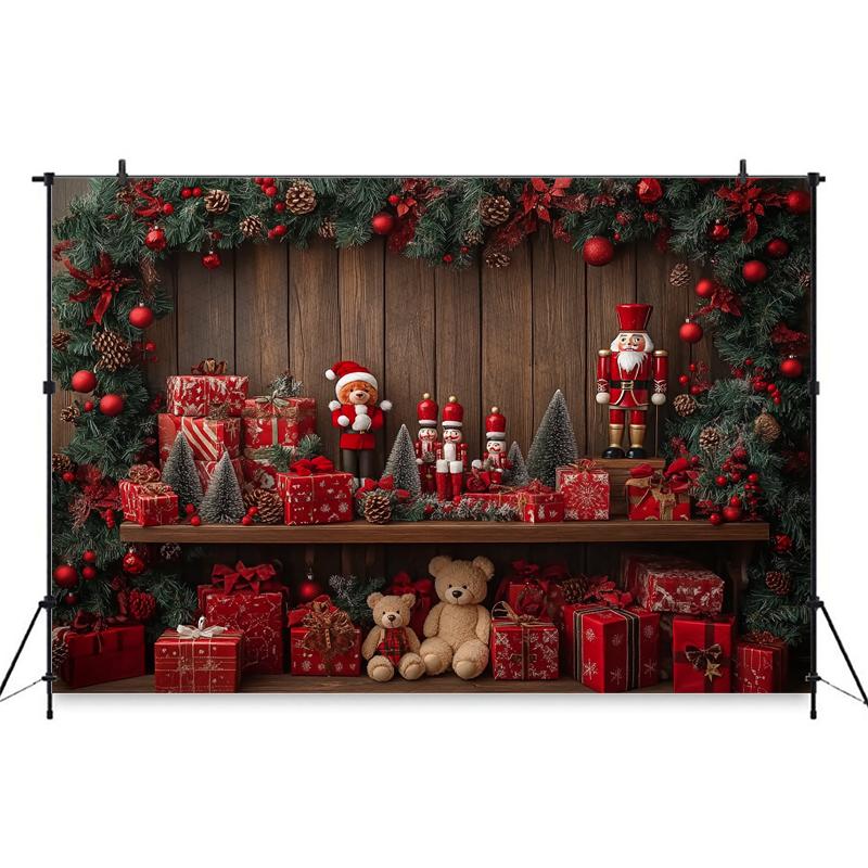Mocsicka Christmas Photography Background Happy New Year Party Wooden Floor Wall Xmas Tree Bear Gift Decor Family Photo Backdrop