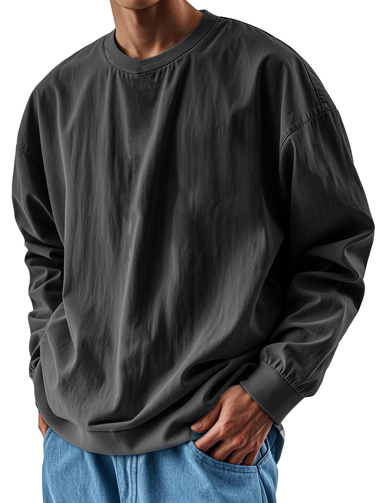 

2025 Мужские однотонные футболки в корейском стиле с круглым вырезом и длинным рукавом, повседневные модные свободные базовые футболки 5XL чёрный