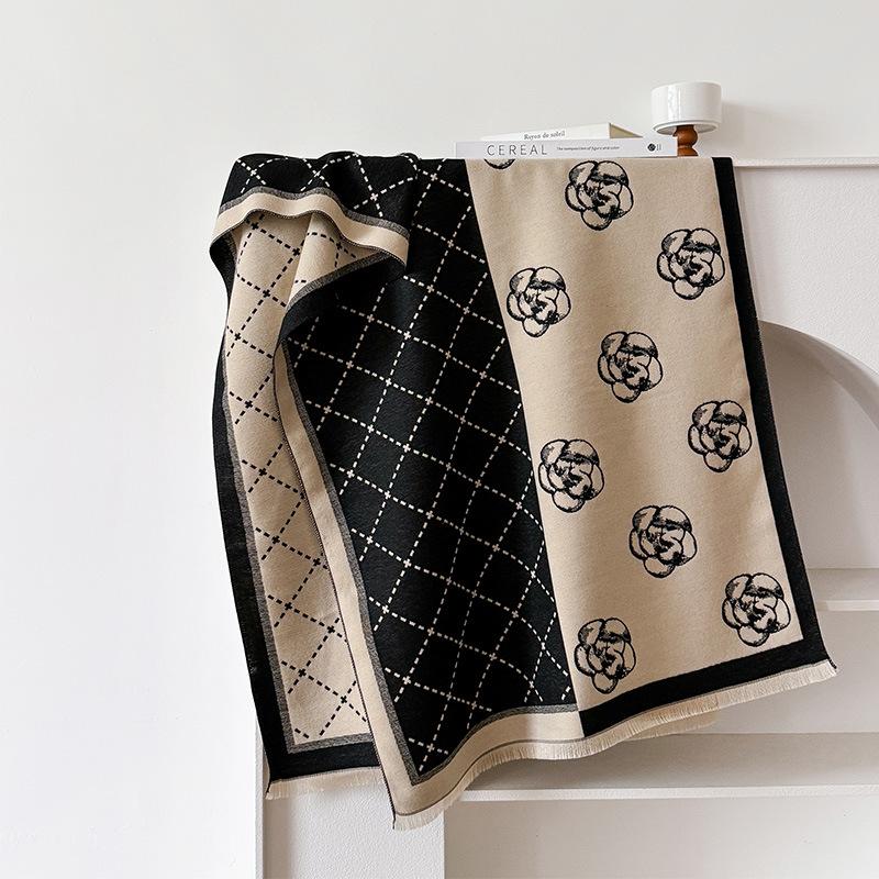 

Осенне-зимний полосатый клетчатый камелия контрастный двухсторонний шарф зимняя роскошная шаль 180 чёрный