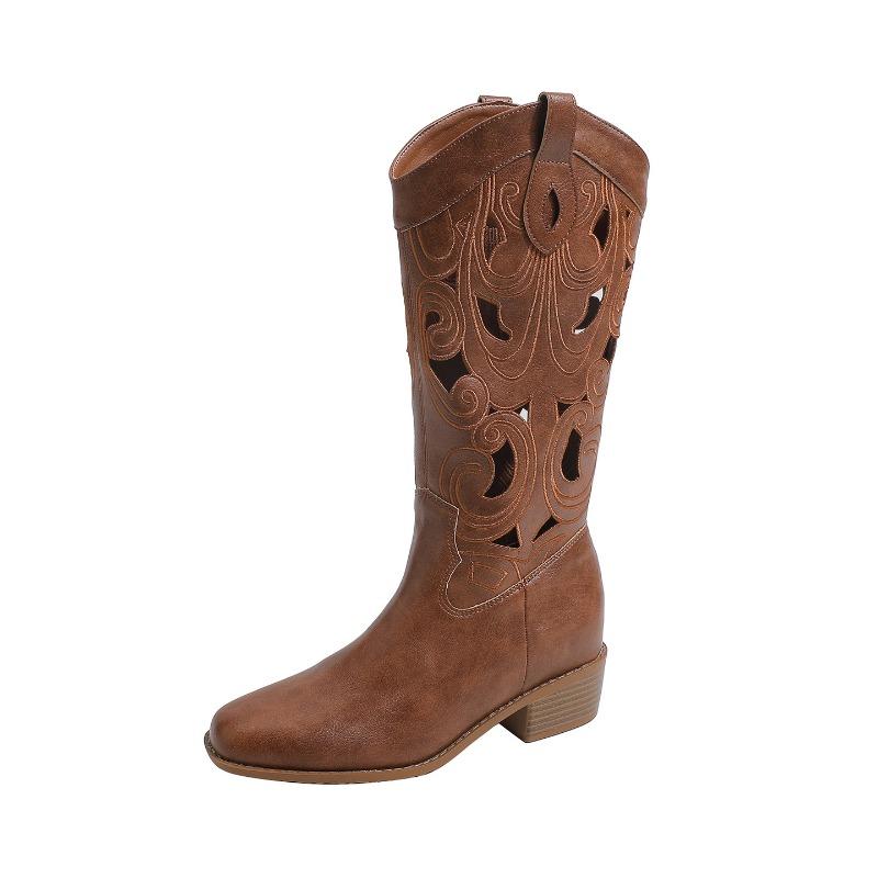 

Autumn new square head embroidered knight boots V-mouth medium boots hollow thick heel western knight boots women 34 темно-коричневого кольору