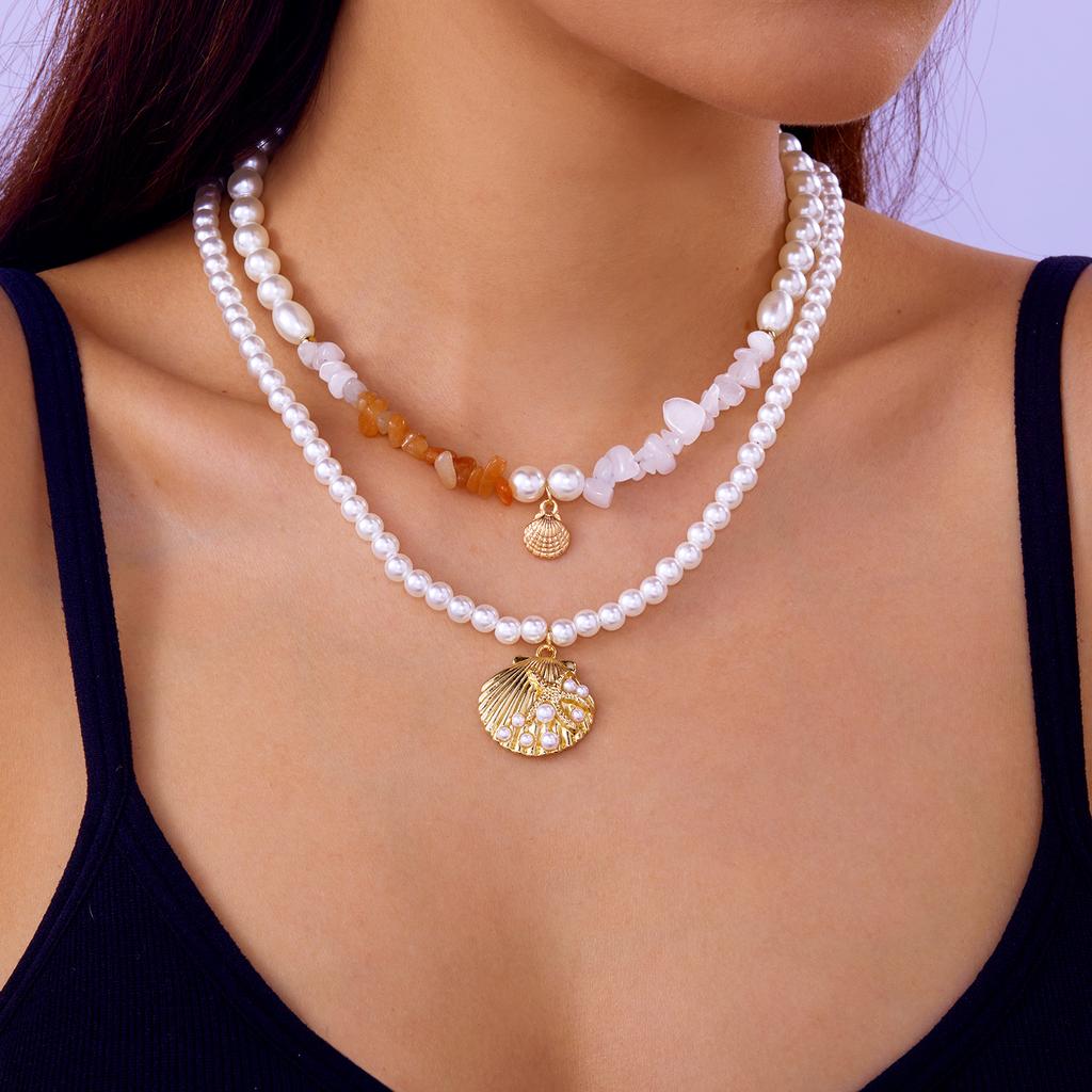Multilayer Imitation Pearl Polymer Clay Beads Necklace for Women Bohemian Starfish Conch Shell Choker Chain Summer Jewelry Gift