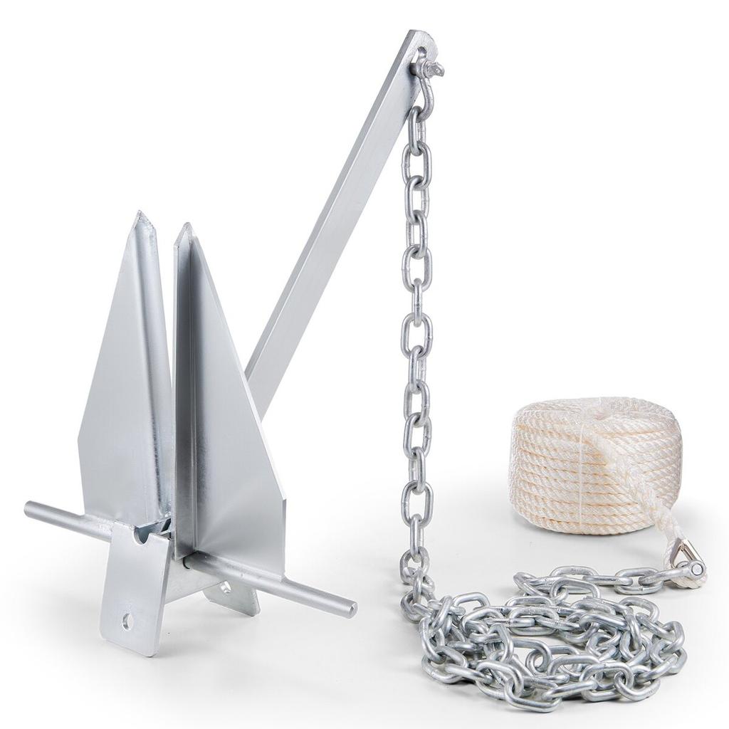 Fluke Style Anchor Kit, 13 LBS Hot-Dipped Galvanized Steel Fluke Anchor with 7.9' Chain, 101' Rope and Two 0.4" Shackles, Marine Boat Anchor for Small