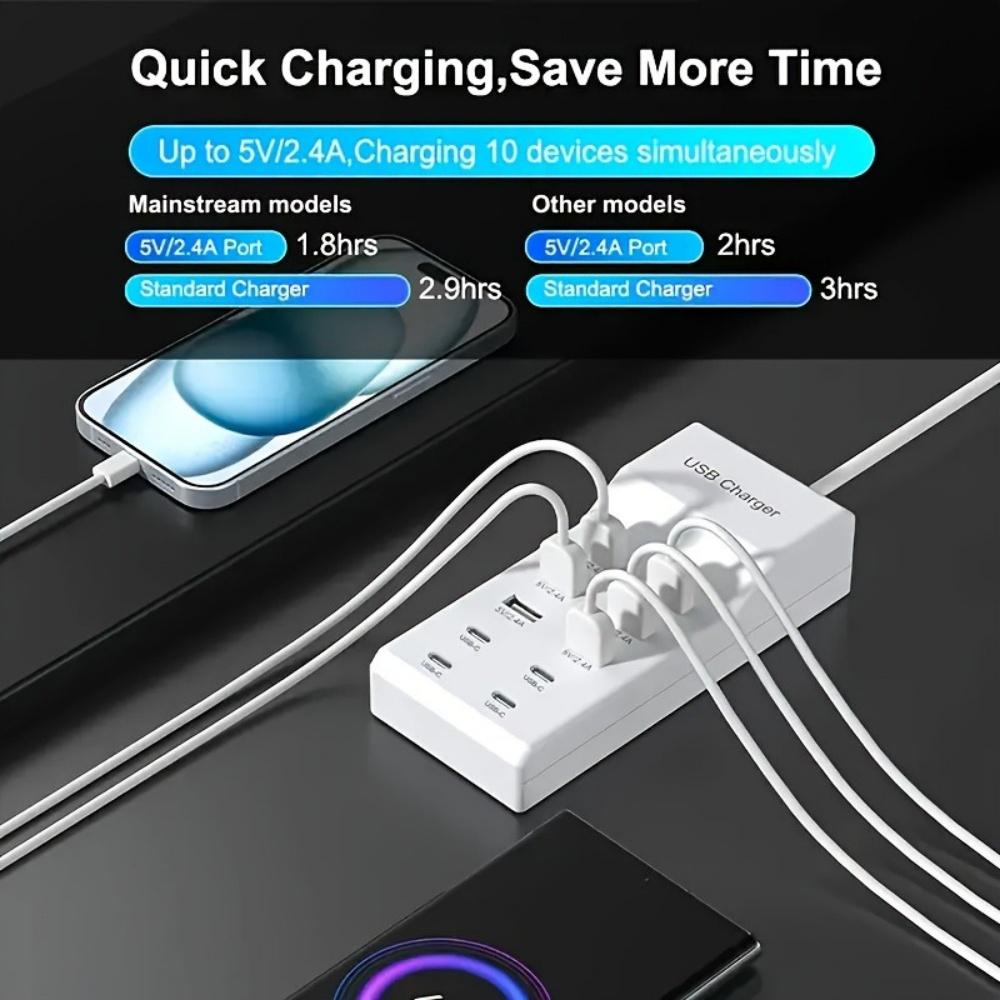 50W Multiport USB-Ladegerät Schnellladung Typ C Hub-Adapter für IPhone Samsung Xiaomi 10-Port USB-Handyladegerät Verlängerungssteckdose