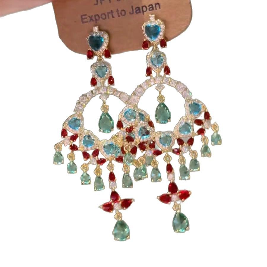 Retro Court Style Colored Flash Diamond Fringed Earrings Women's New Heavy Industry Temperament High-end Fashion Earrings