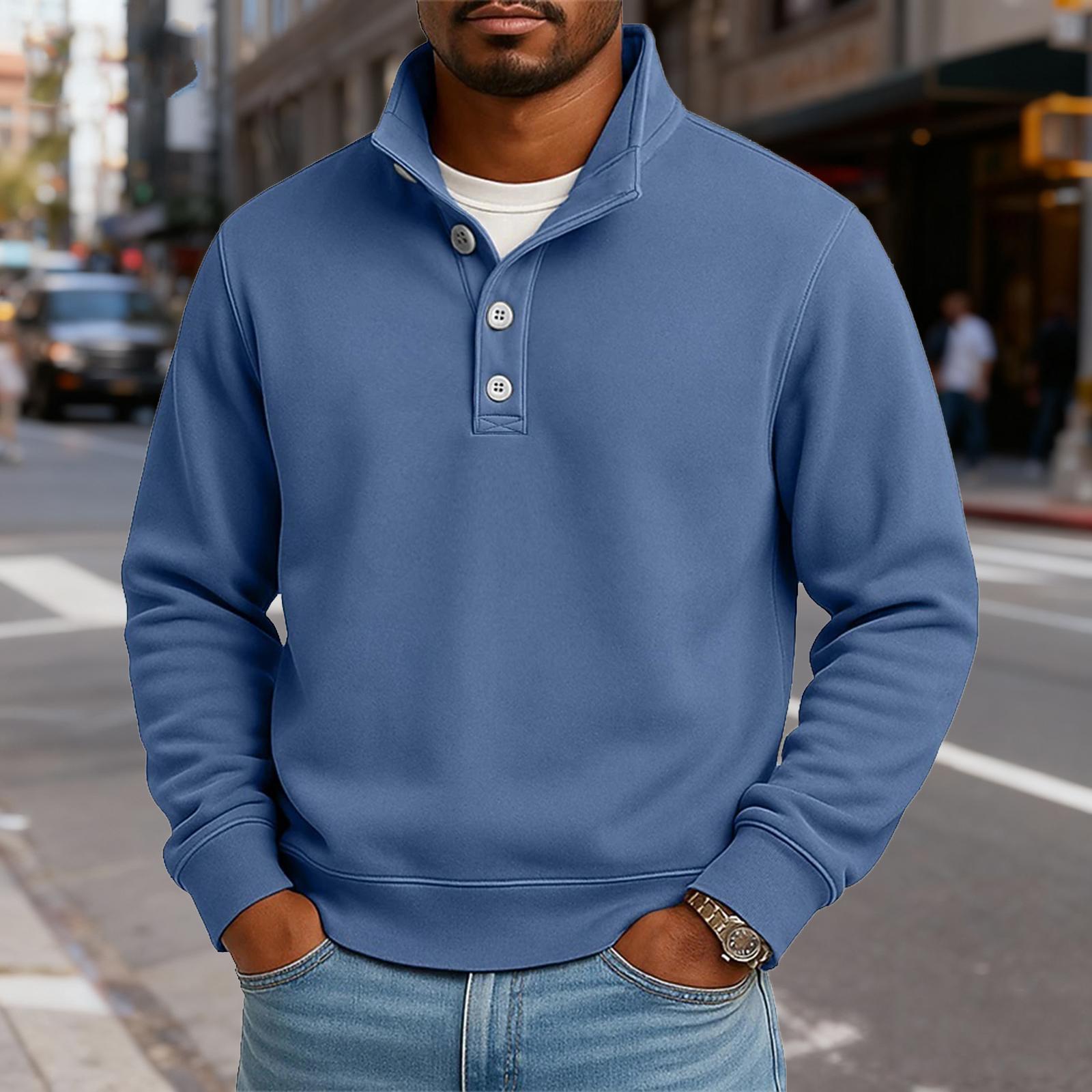 Мужской повседневный топ с воротником-стойкой и длинными рукавами, однотонный свитшот на пуговицах M синий