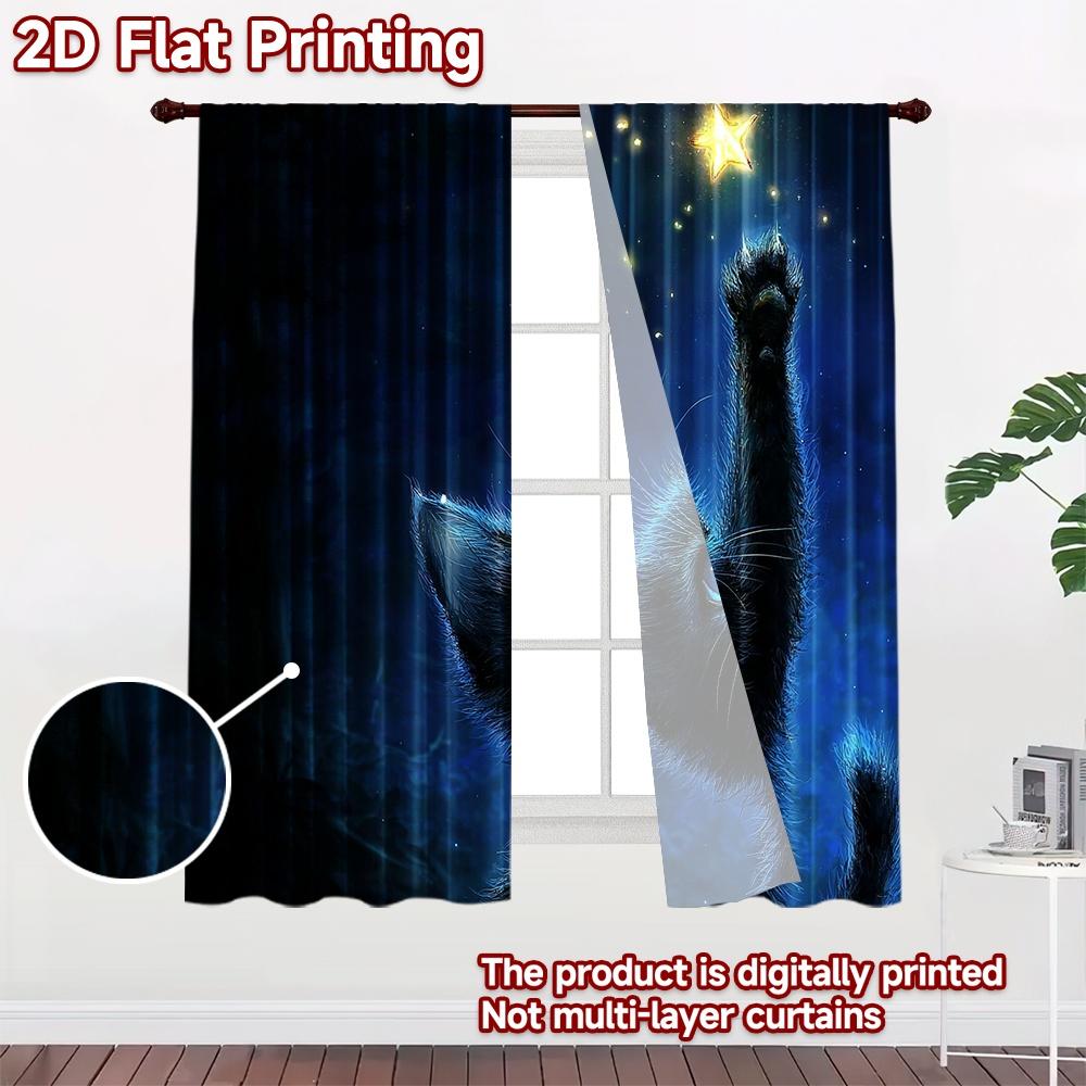 2D Flat Printing 2pcs Party Curtains Black Cat Reaching for Star Digital Printed Polyester Drapes Festive Curtains Use for