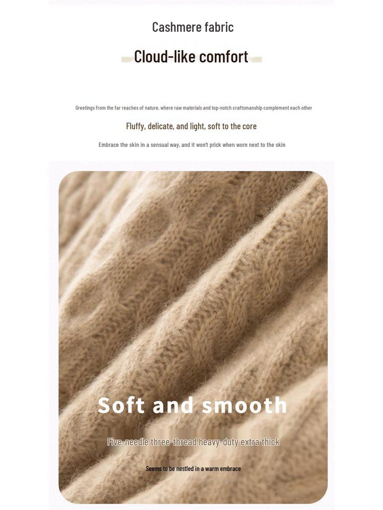 Women's Heavyweight Cashmere Sweater: Autumn-Winter Half-Neck Cable Knit Slim Pullover