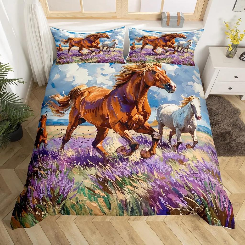 Cherry Blossom Horse Comforter Cover Twin for Kids Boys, Wild Animal Bedding Set Galloping Horse Duvet Cover with 2 Pillowcase