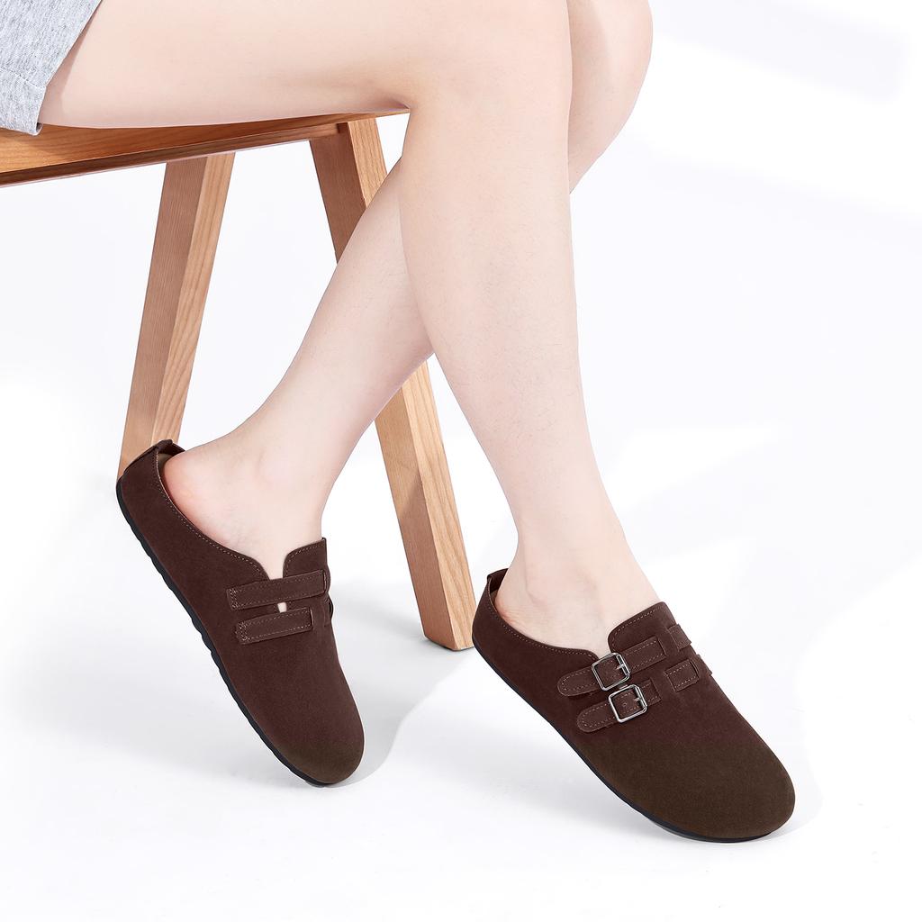 Fashion Crestar Women's Suede Clogs Slippers Comfort Double Buckle Flat Mules Retro Potato Shoes Fashion Lady Soft Insole Leisure Shoes
