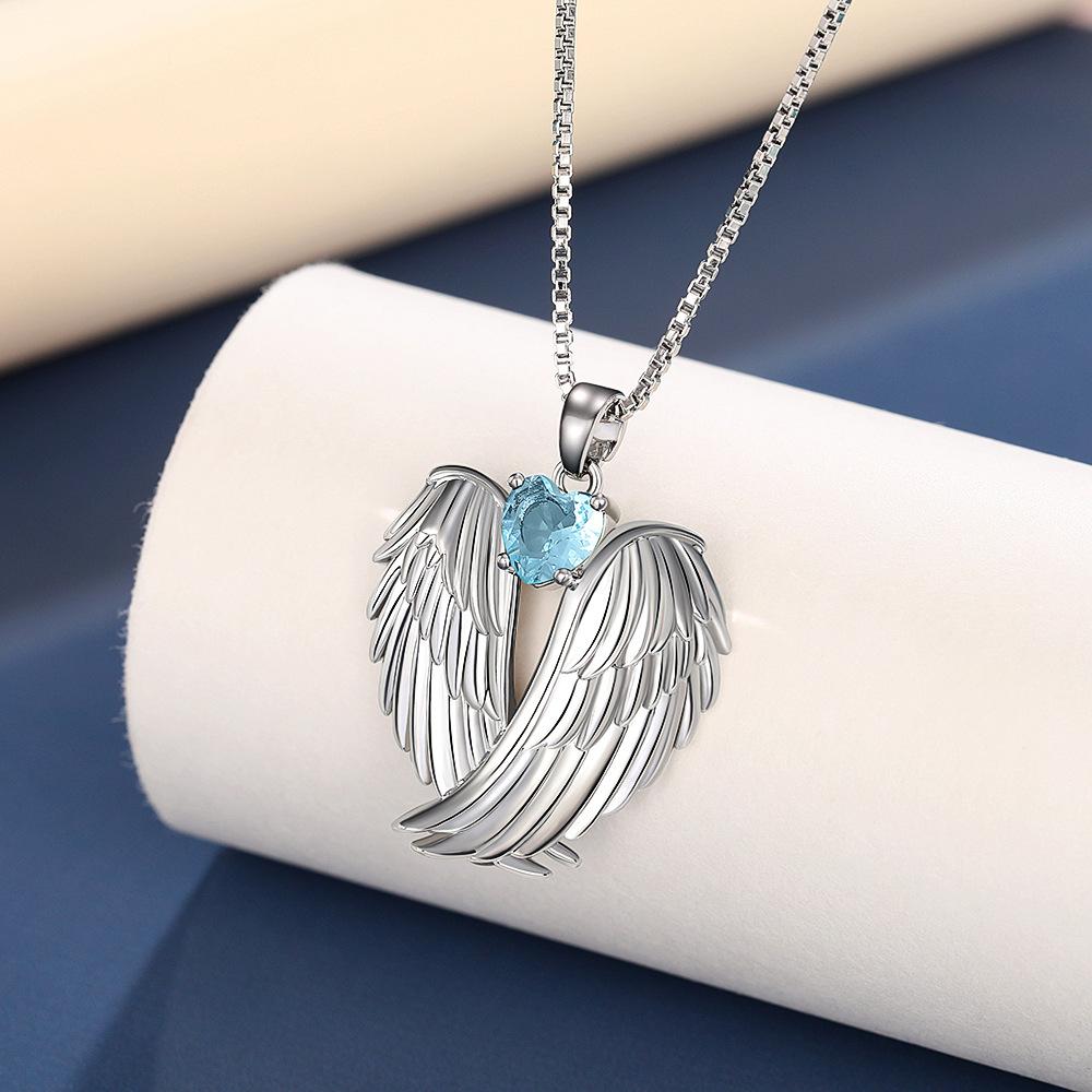 Silver Plated Angel Wings & Green Heart CZ Pendant Necklace, Romantic Box Chain Necklace for Women