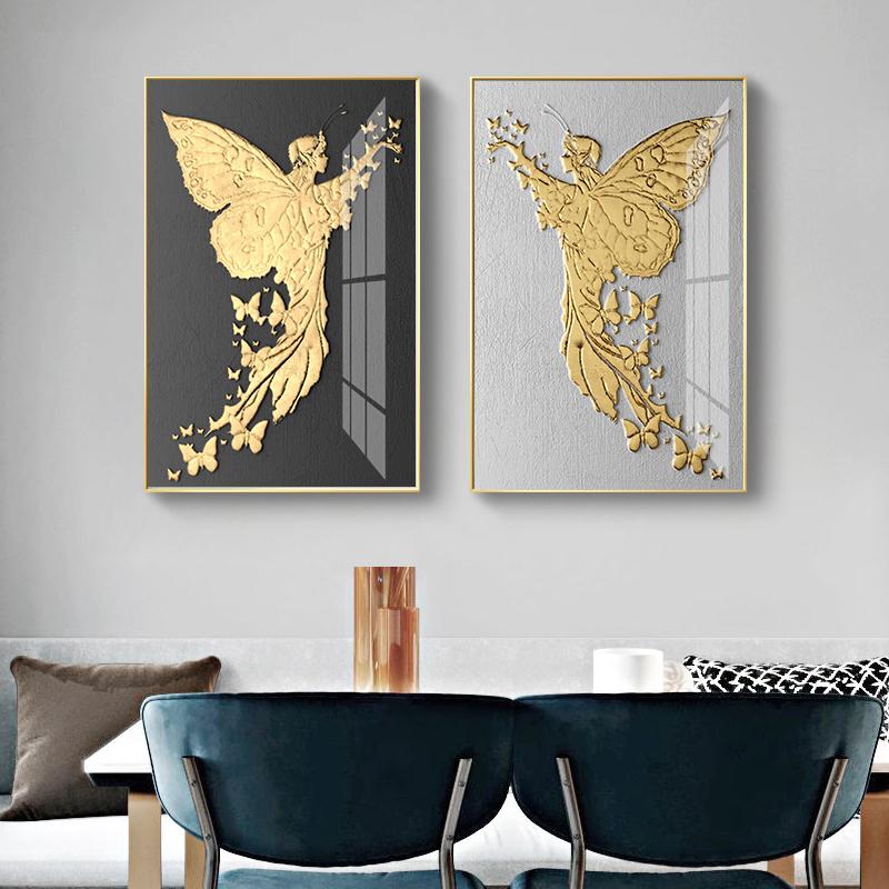 Abstract golden foil poster with butterfly and angel, modern home decor, canvas, painting, minimalist art poster and prints for the living room