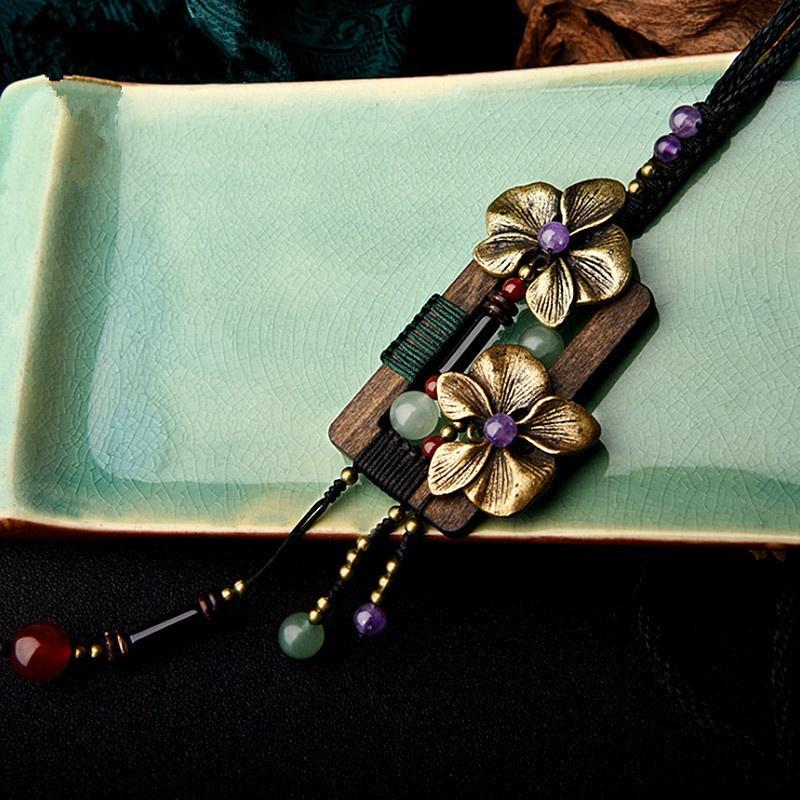 Bronze Flower Long Necklace Square Wood Vintage Necklace Aventurine Crystal Ethnic Handmade Sweater