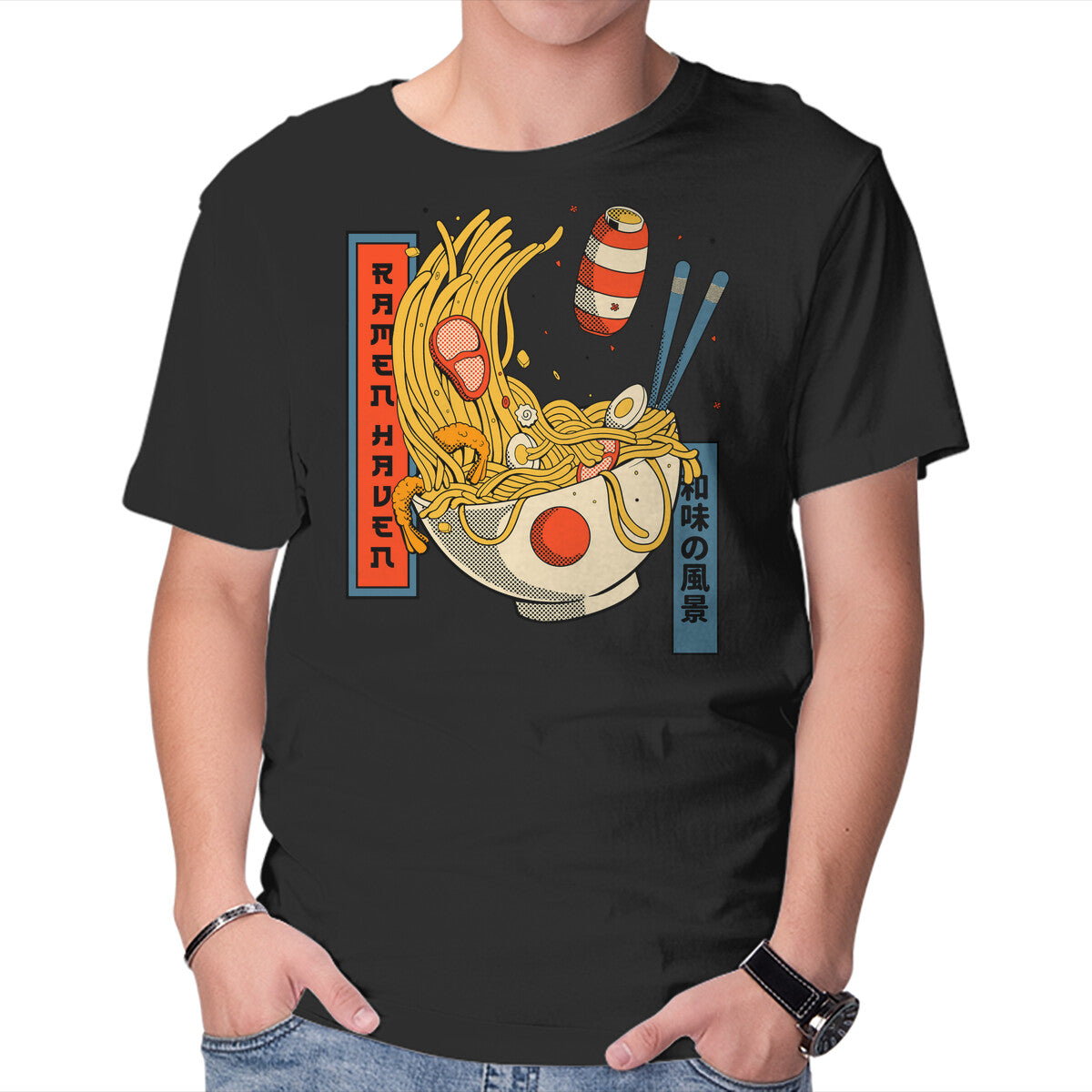 Unisex Crew Neck T-Shirt Ramen Haven Graphic Short Sleeve Casual Tee XL