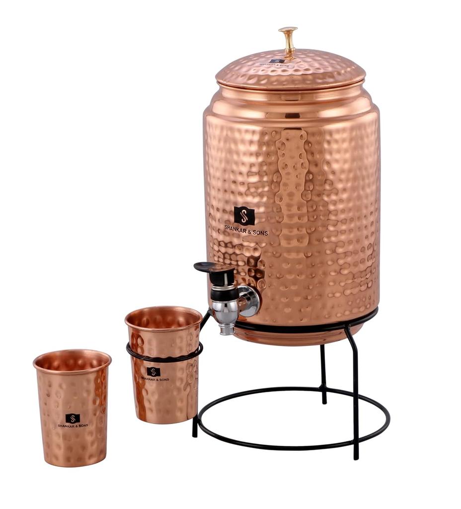 Dávkovač vody z čisté mědi Matka Nádoba Hrnec 5000 ml se stojanem a 2 sklenicemi (Hnědý)