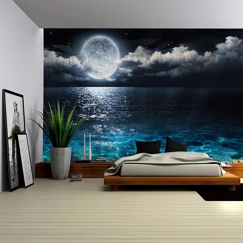 

2D Night Sea Moonlight Backdrop Glowing Ocean Party Decoration Background 47.2x31.5inch/120*80cm
