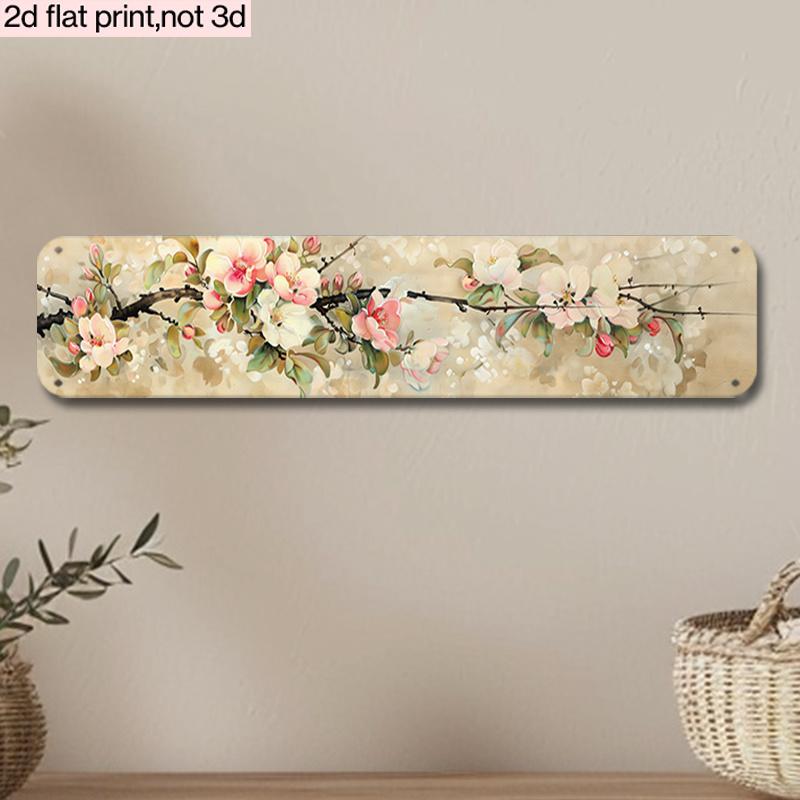 2D Flat, 2D Flat - 1 Heavy-Duty 4X16-Inch Metal Sign | Wall Art Inspired by Cherry Blossoms Featuring Flowers, Pink And Green Foliage on a White Backg