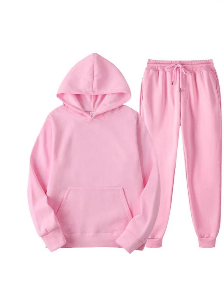 European Size Men's Fleece-Lined Hooded Sweatshirt & Pants Set - Casual Solid Color Two-Piece