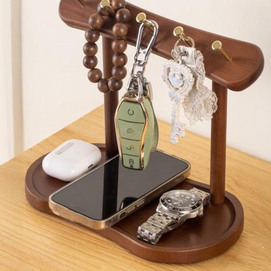 Wooden Key Rack, with Concave Tray Prevents Rolling Design, Moisture-Proof Wax Oil Finish Organizer, for Entryway Bedrooms Living Rooms