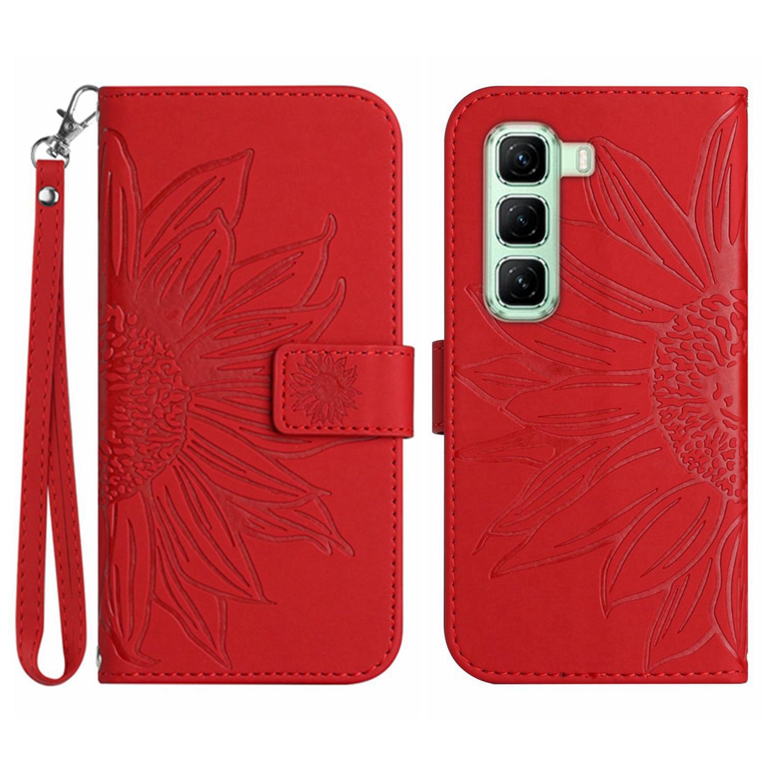 

For Infinix Hot 50 4G Case Sunflower Imprint Leather Wallet Phone Cover with Wrist Strap Red
