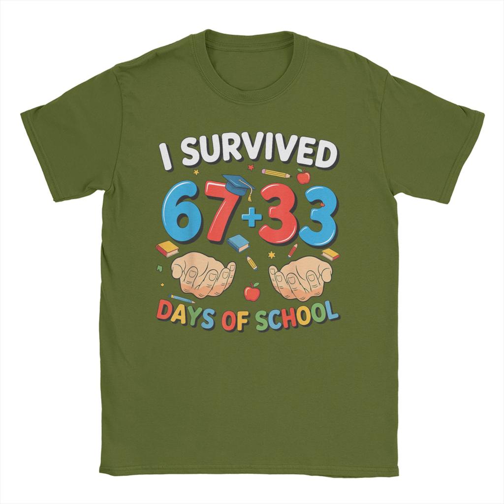 Bruh I Survived 67 33 Days of School 100th Day of School T Shirts Men Cotton Fun TShirts Crewneck Tee Shirt