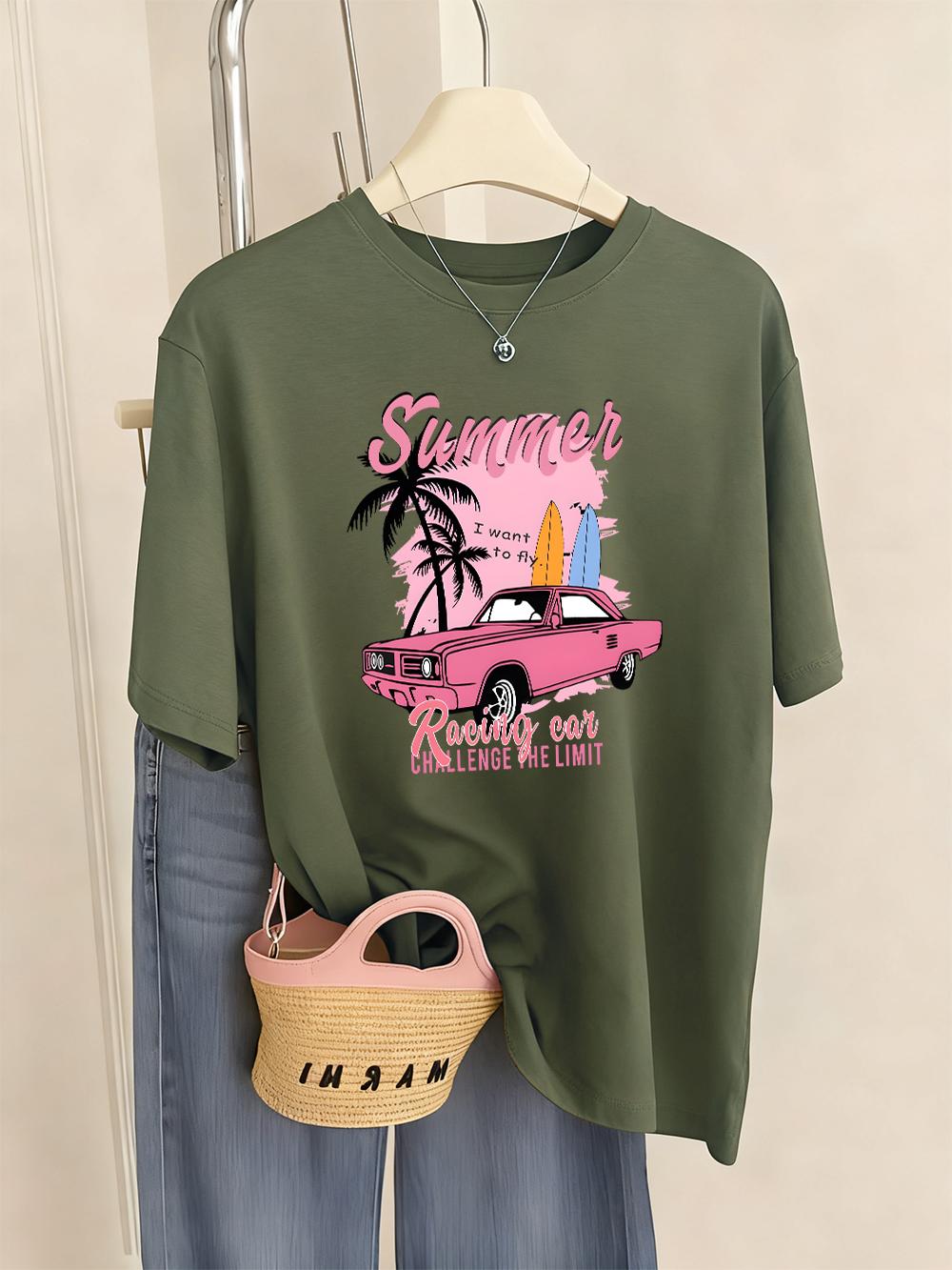 

Summer Racing Car Printed TShirt Womens Casual ONeck T Shirts Comfortable Loose Short Sleeve Tops Basic Soft Woman Clothes S