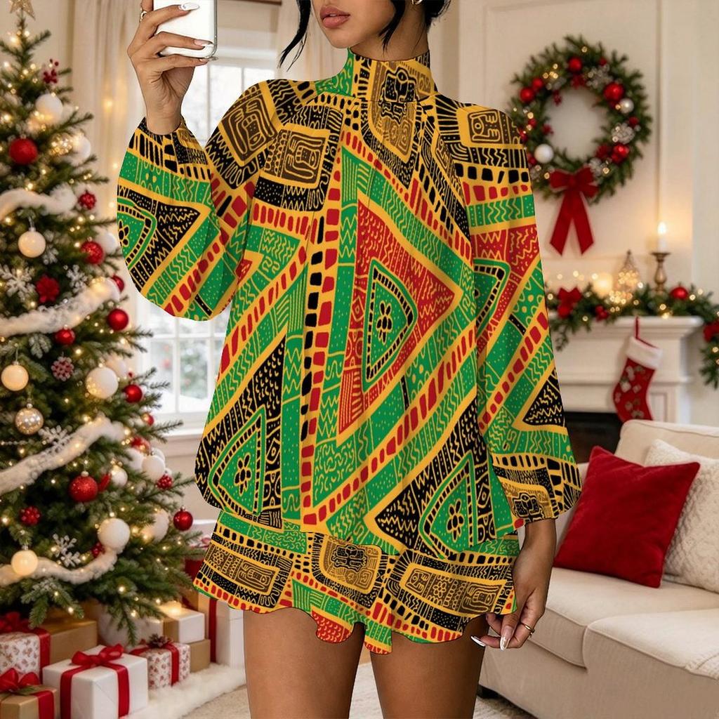 Women's 3D Geometric Tribal Print Mock Neck Long Sleeve Dress, Raglan Sleeve Fake Two Piece Mini Dress