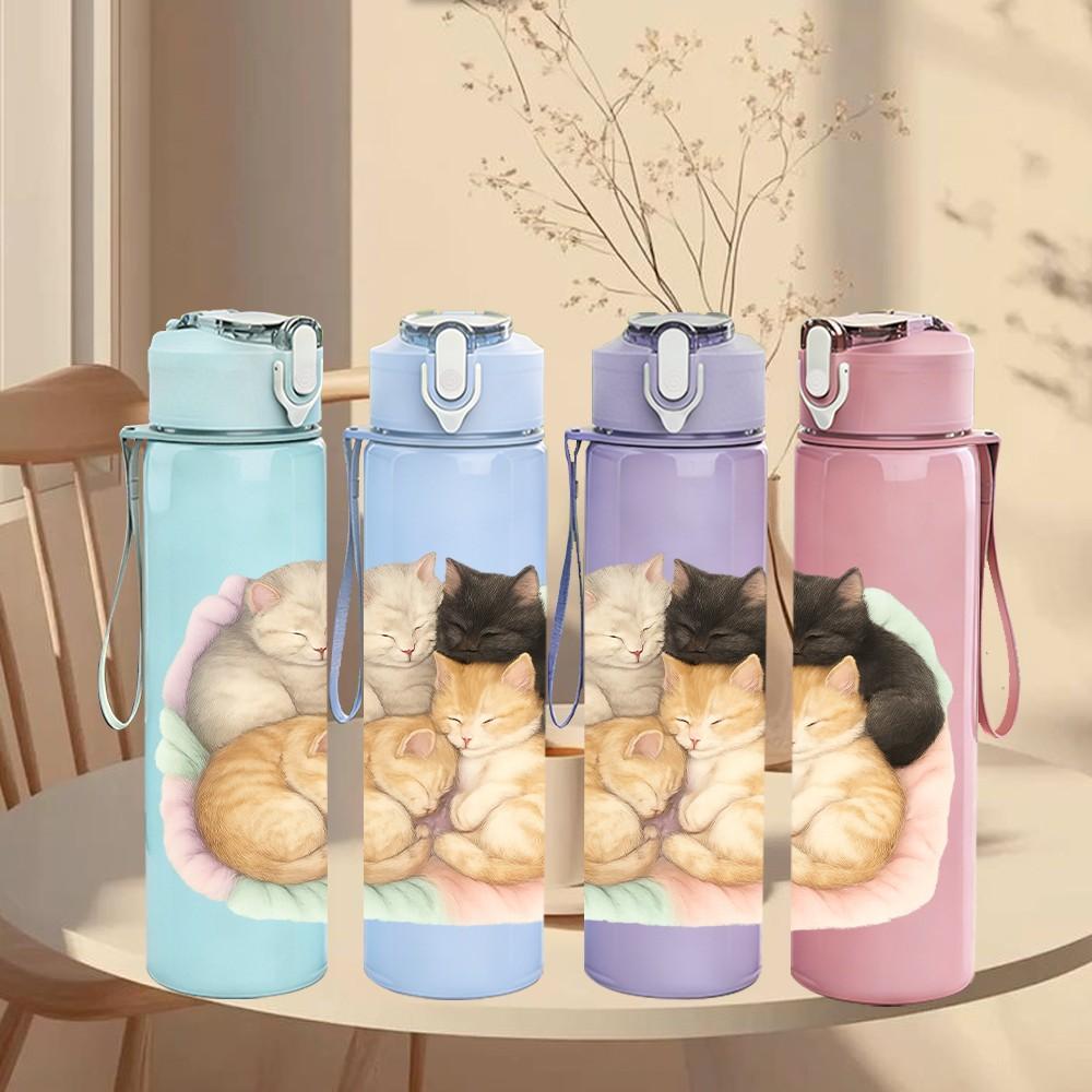 1PC Two Cats Cozy Rest Scene 750ml Color Plastic Sports Water Bottle Leakproof Flip Straw Lid Suitable for Sports Office Home Use
