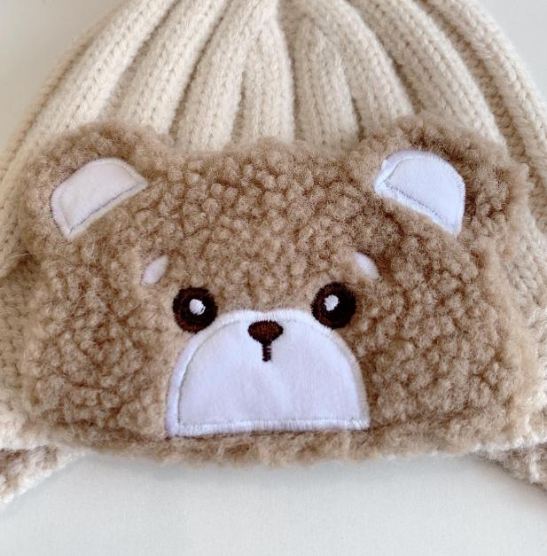 Autumn Winter Baby Hats Cute Big Wool Ball Knitted Children's Ear Protection Hat Super Cute Little Bear Double-layer Warm Woolen Hat