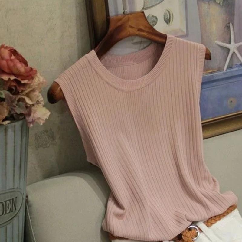 Summer Fashion Women Knitted Vests Shirts Tops Lady O-neck Sleeveless Solid Color Casual Thin Tops