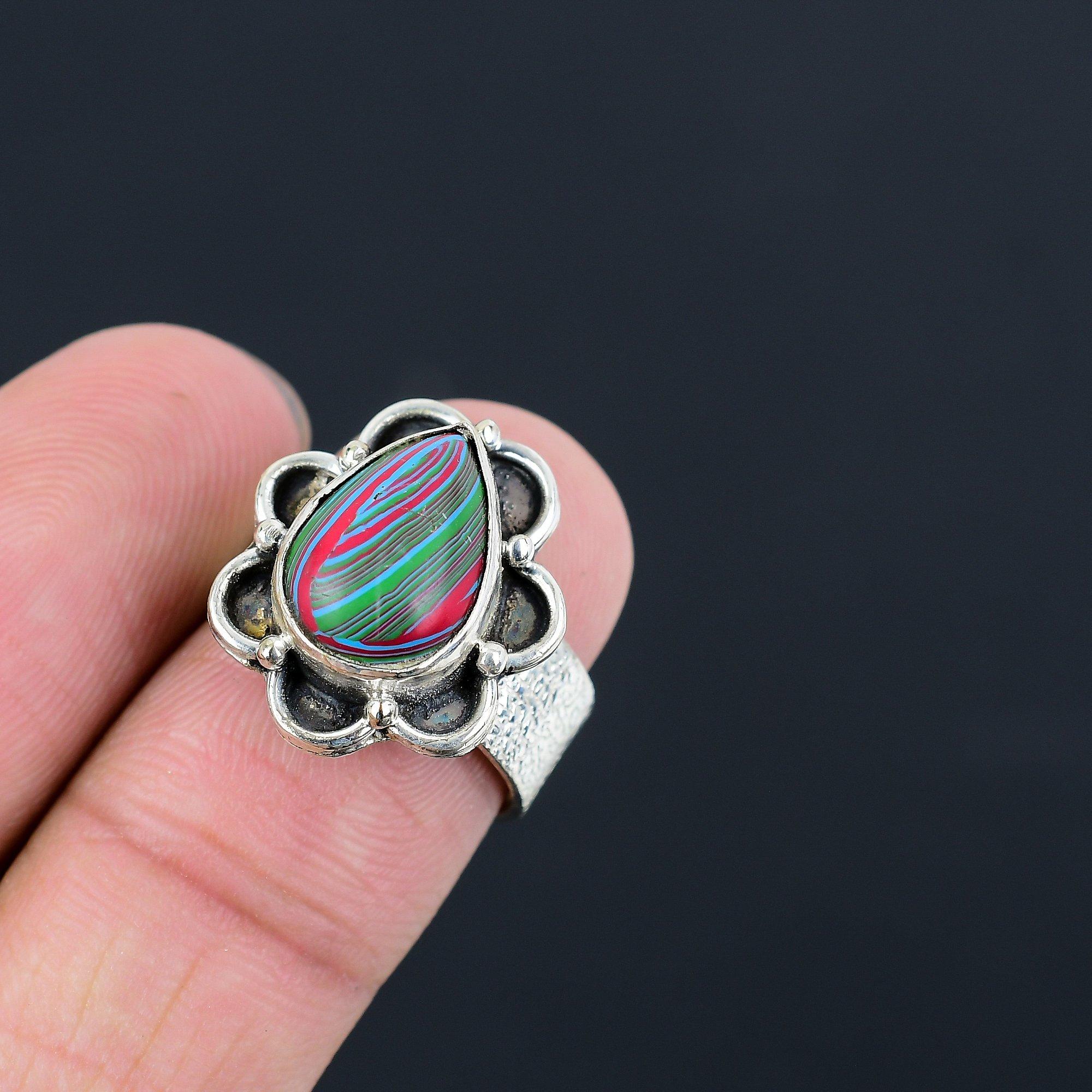 

925 Sterling Silver Natural Rainbow Calsilica Multi Stone Ring Jewelry Size 6.5 6.5