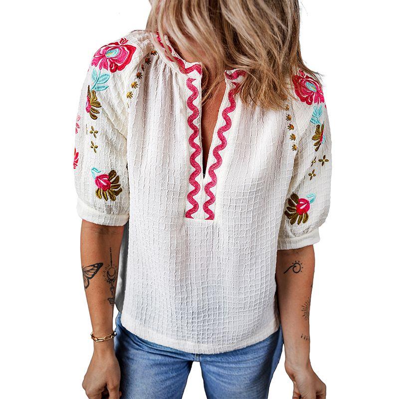 

New Arrival Embroider Pullover Short Sleeve Shirt for Women 2024 Fashion Thin Half Sleeve Easiest for Match Three-Quarter Sleeve Shirt for Women White P1 Size S fit (45.00 kg-55.00 kg