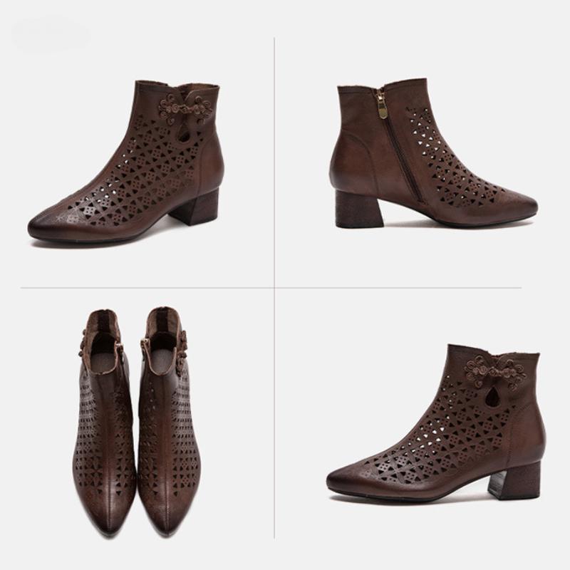 Johnature Pointed Toe Pumps Breathable Hollow Boot Genuine Leather Retro Mid Heel Women's Shoes