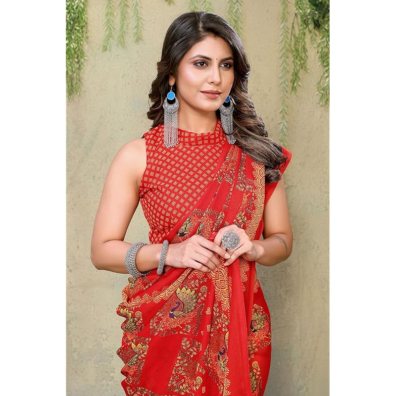 Yashika Women s Trendy Printed Georgette Red Color Saree with Blouse Material(RAMBHA RED) Free Size красный
