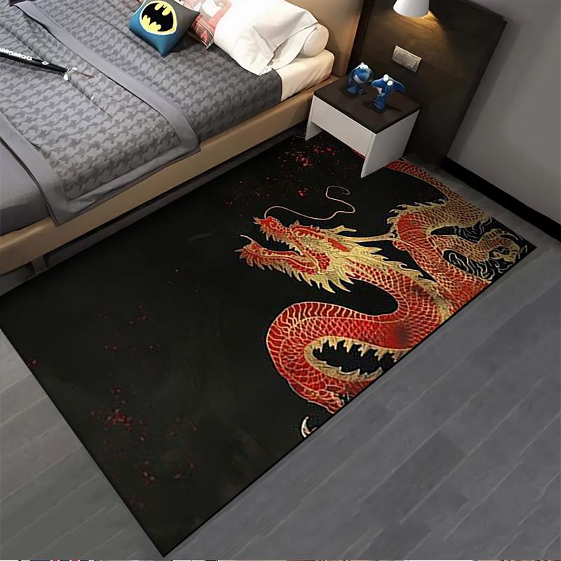 Chinese Dragon Pattern Carpet with Black Background, Bold Red Design Suitable for Use As an Anti-slip for Living Room Bedroom Sofas