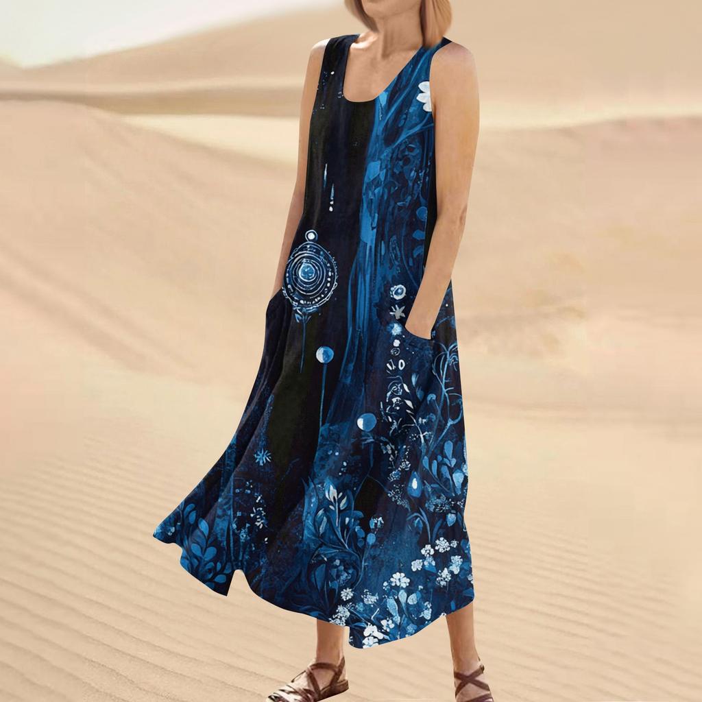 Women's Summer Casual Fashion Flower Printed Sleeveless Round Neck Pocket Dress