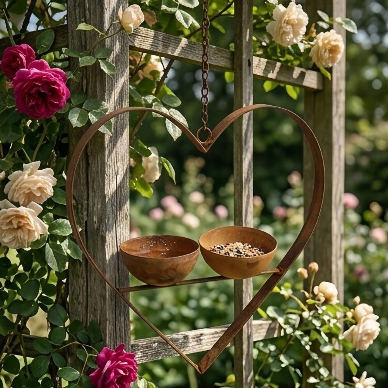 Garden Bird Feeder Hanging Piece With Heart Frame Metal Frame, Two Bowls for Water and Bird Food on Porch Balcony Walls and Tree Posts