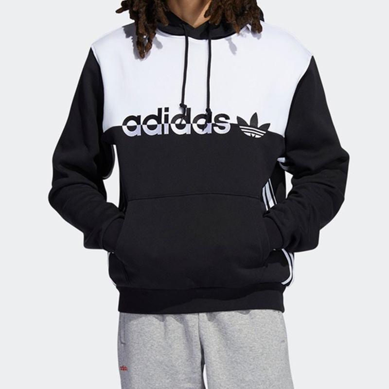 adidas Originals Color Block Logo Patch Kangaroo Pocket Hoodie Men Hoodies Black White H31271